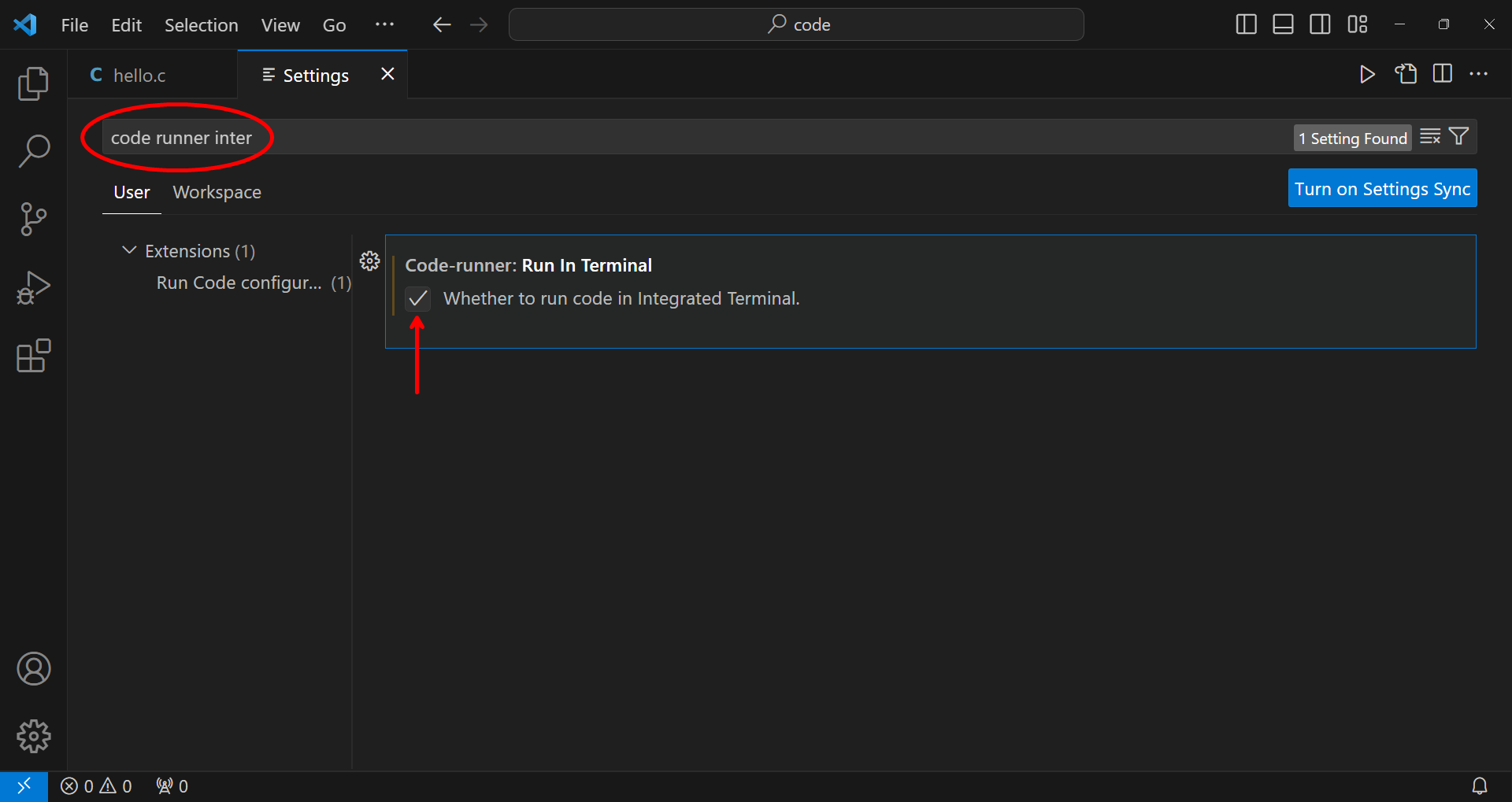 screenshot of user config editor with the right option highlighted