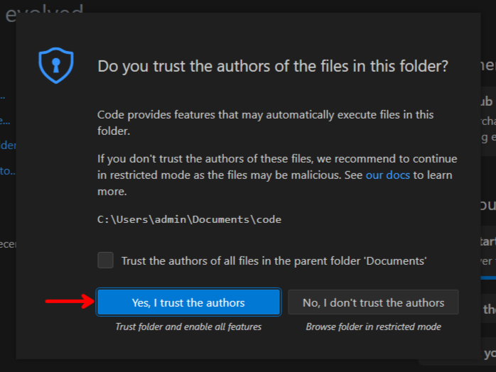 screenshot of the trust dialog